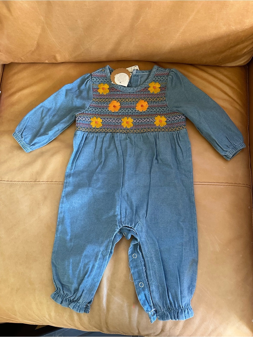 Mud Pie Blue Romper with Yellow Floral Embroidery